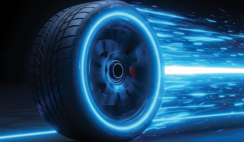 Futuristic glowing car wheel with blue light trails