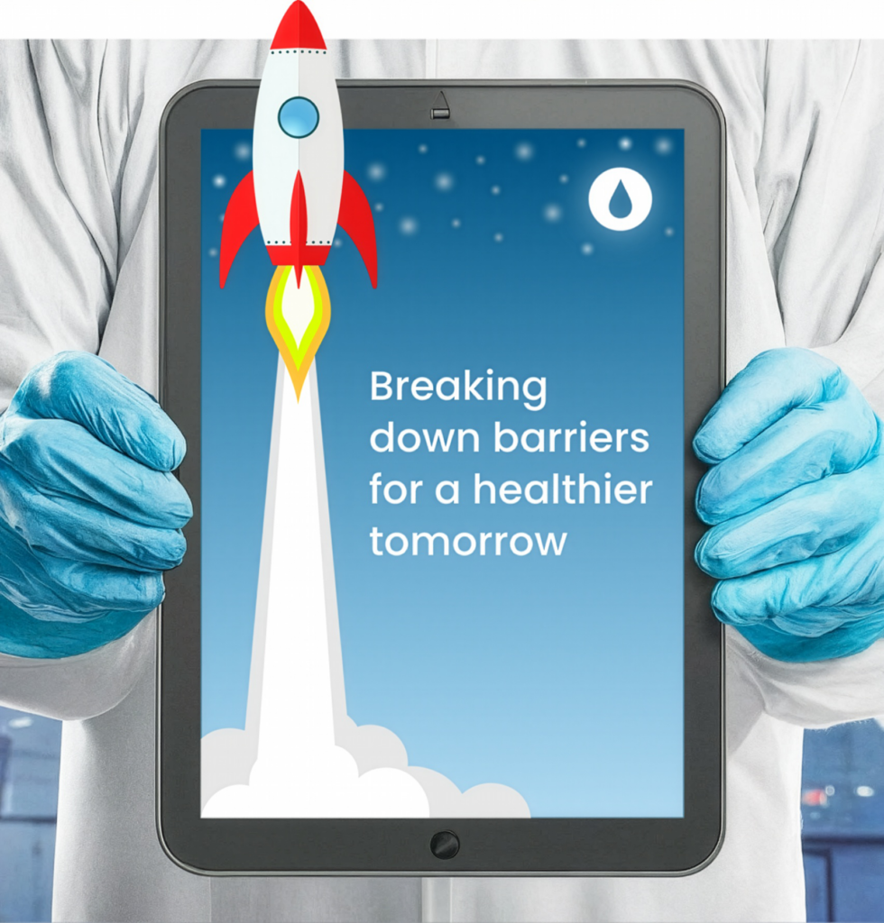 Tablet showing rocket launch and healthcare message