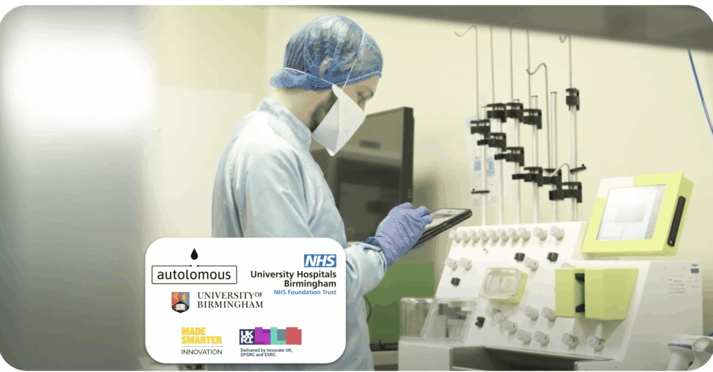 Lab technician using tablet beside medical equipment