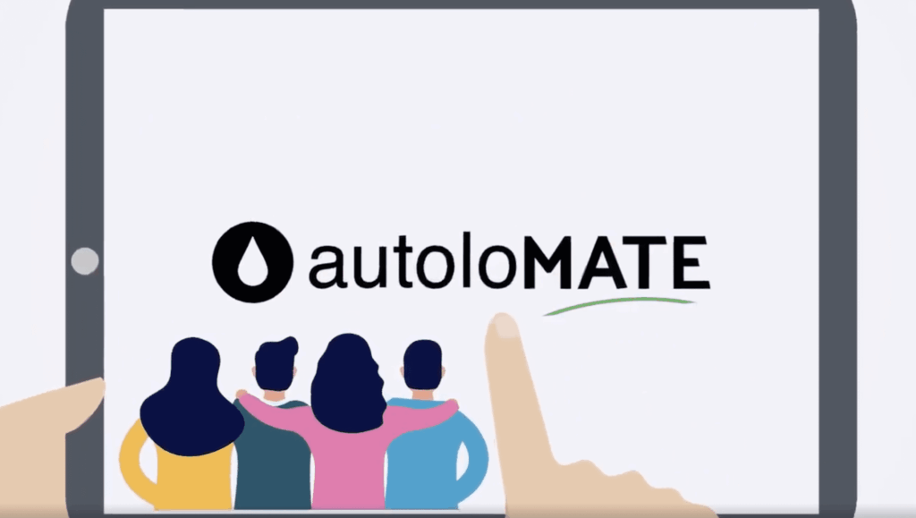Tablet displaying autoloMATE logo with group illustration