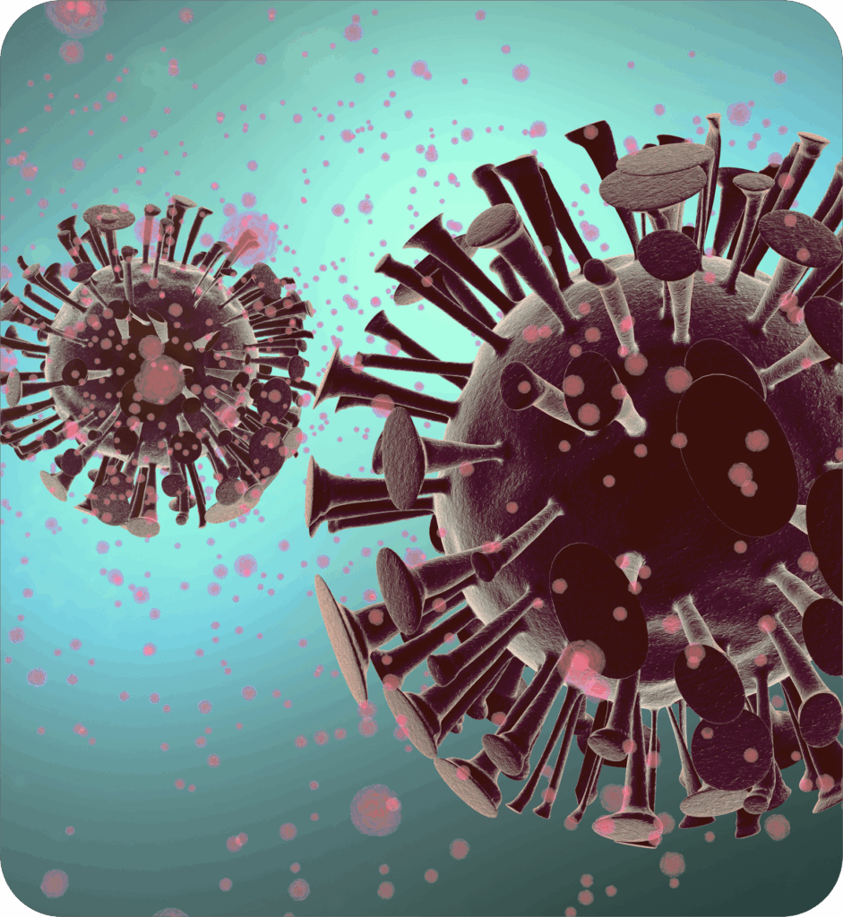 3D rendering of coronavirus particles with spike proteins