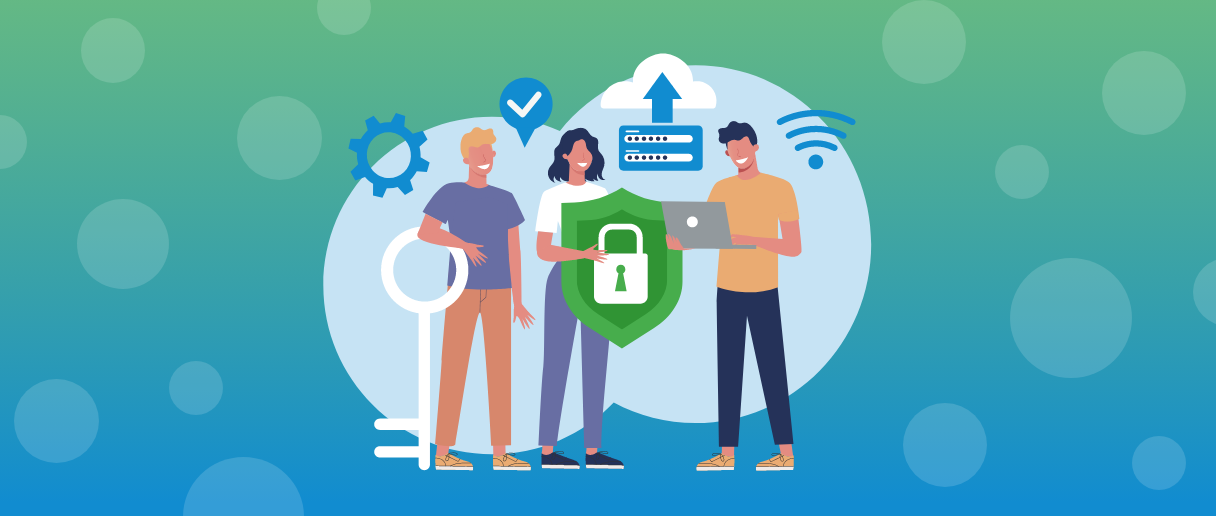 Team with cybersecurity shield and digital security icons