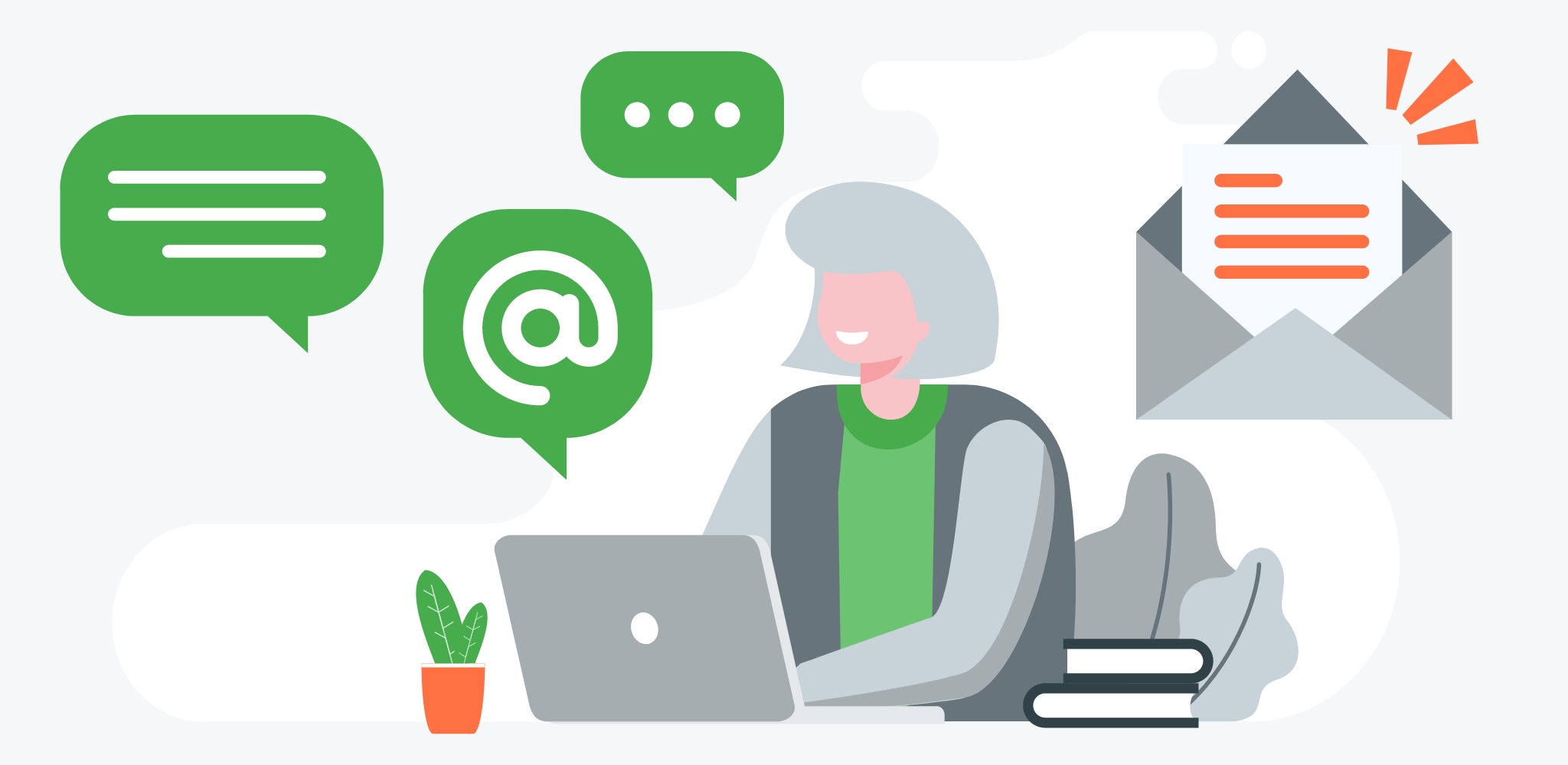 Woman using laptop with email and chat icons